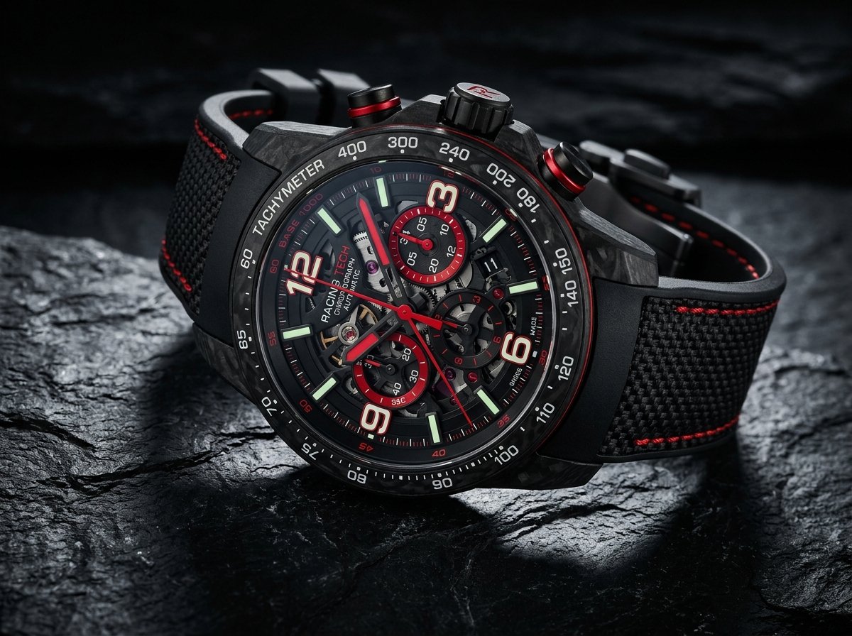Black carbon skeleton chronograph with crimson details
